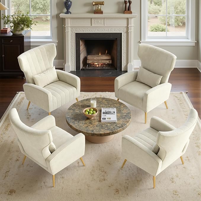 Nalupatio Modern Accent Chairs for Set of 4 Upholstered Velvet Fabric Reading Chair Mid Century Arm Chair Comfy Armchair for Living Room,Beige
