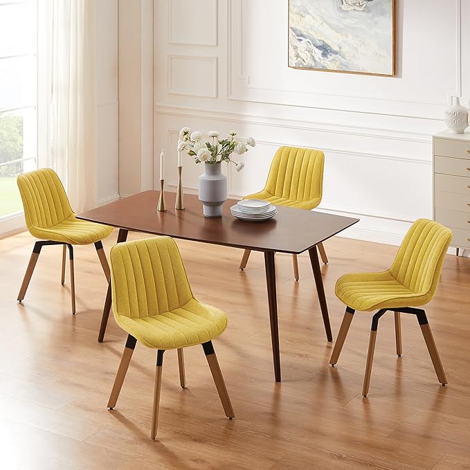 Art Leon Dining Chairs Set of 4, Mid Century Modern Swivel Dining Room Chairs, Fabric Upholstered Armless Side Chairs with Wood Legs for Kitchen Living Room Bedroom, Yellow