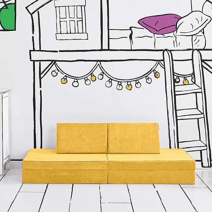 Yourigami Kids and Toddler Play Couch, Convertible Folding Sofa, Durable Foam Modular Design, Sunflower Yellow