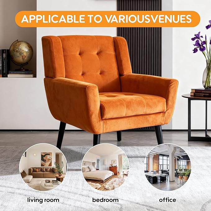 OO BY ORANGE ONLINE Velvet Accent Chair, Mid-Century Modern Tufted Armchair for Living Room, Bedroom & Office (Orange)