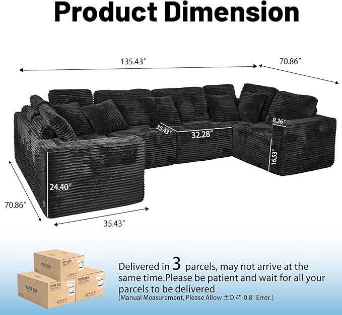 135.5" Cloud Sectional Couch,Boneless Corduroy Sofa for Living Room,Oversized U Shaped Sofa with Chaise,Deep Seat,No Assembly Required,Modular Sectional Couches（Black）