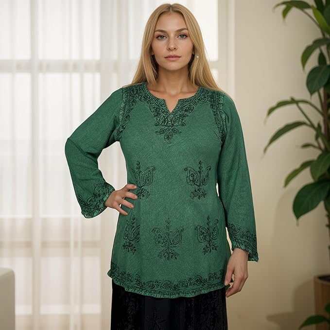 Agan Traders 2025 Winter Long Sleeve Diamond Neck Embroidered Tops - Medieval Boho Vintage Tunic Kurta Blouses for Women