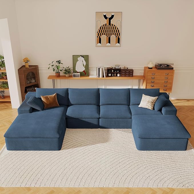 136" Cloud Sectional Couch with U-Shaped Chaise,Corduroy Viral Boneless Sofa with Ottoman,Memory Foam Couches in a Box with Deep Seat for Living Room,No Assembly Required (Blue,Left-Facing Chaise)