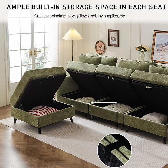 Rexulqo 104'' Modular Sectional Sofa with All Seats Storage, Oversized Sleeper Sofa Bed,3-Seater Comfy Cloud Couch with Movable Ottoman,Big Sectional Couches for Living Room Bedroom,Velet,Green