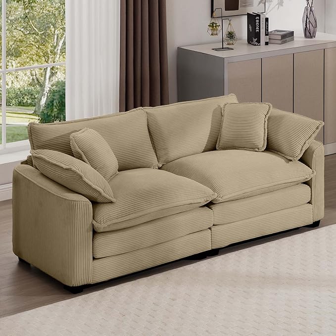 Aoowow Corduroy Loveseat Couch,Modern 2 Seater Cloud Couches for Living Room,Modular Sectional Cloud Sofas with Deep Seat,Large Love Seat for Small Spaces,Apartment,Office. (Tan, 2 Seater)