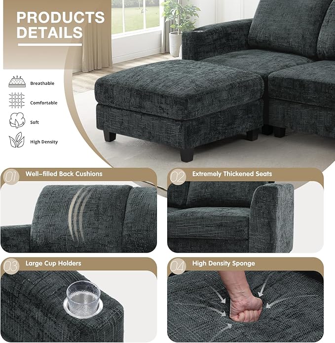Lesofair 110" Convertible U-Shape Couch with 2 Flexible Ottomans, Soft Sectional Sofa with Durable Cup Holders, Chenille 4 Seater Sofa with Well-Filled Backrest for Living Room, House, Grey