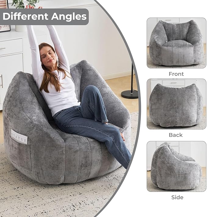 Giant Bean Bag Chair for Adults,Oversized Bean Bag with Filling Plush Fluffy,BeanBag Floor Sofa Chair with with Back Support for Living Room, Bedroom, Reading,Grey