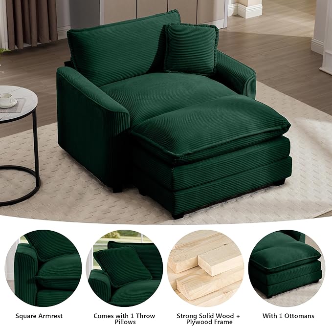 Aoowow Corduroy Large Armchair with Ottoman,Tufted Indoor Chaise Lounge Chair,Oversized Single Sofa Chair with Footrest,Single Seat Cloud Sofas Couches for Living Room (Green, Sofa Chair + Ottoman)