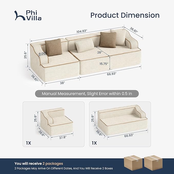 PHI VILLA Cloud Modular Couches, 105" Boneless Sectional Sofa with Deep Seat, 3-Seater Couch for Apartment Living Room Small Spaces, No Assembly Required, Corduroy, Beige