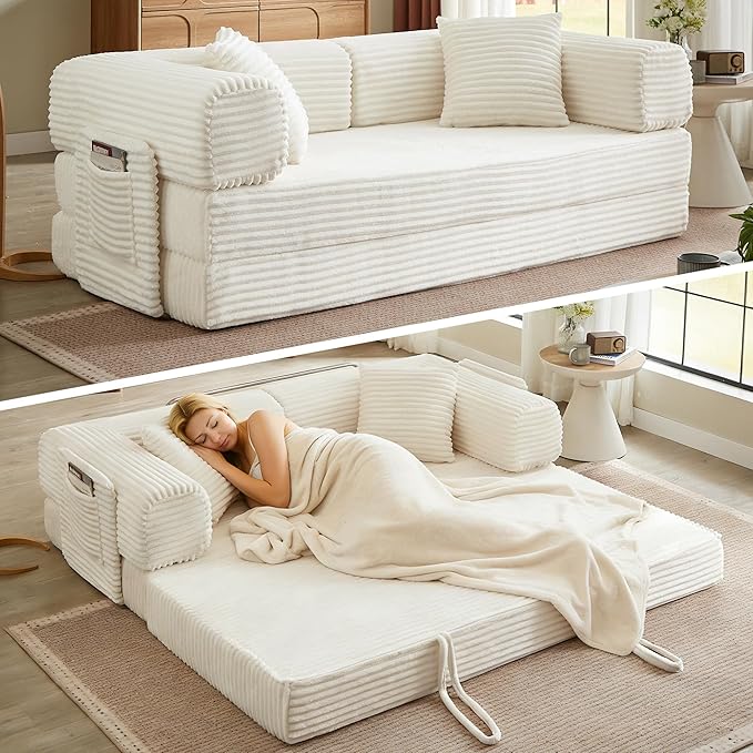 AUGOP Boneless Couch Folding Couches for Living Room Sofa, Futon Sofa Bed with Sleeper Sofa, Futon Couch with Fixed-Shape Oversized Corduroy Upholstered (White, 81 Inches)