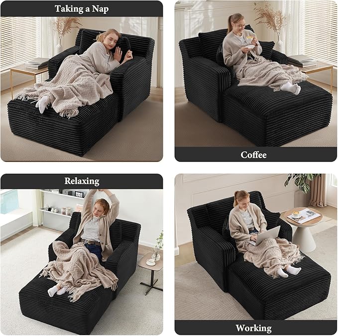VEPXXP 65.4" Chaise Lounge Chair Indoor, Oversized Boneless Chaise Lounge Comfy Sleeper Sofa Bed with 3 Pillows, Corduroy Cloud Reading Chair for Living Room No Assembly Required