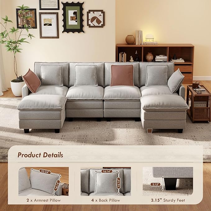 Ihanherry 106" U-Shaped Modern Sofa Modular Sectional Cloud Couch 6-Seat Chenille Seat Sofa with Ottoman for Living Room, Bedroom and Apartment, Grey
