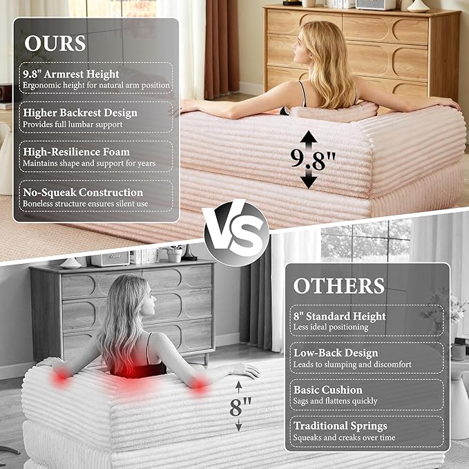 Chorlenimi Boneless Couch Futon Sofa Bed Sectional Couches for Living Room,Cloud Couch with Sleeper Sofa,Sofas for Living Room Oversized Corduroy Upholstered (Pink, 76 Inches (No Iron Frame))