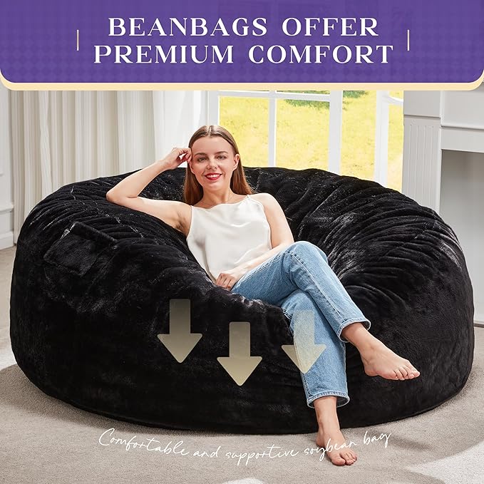 Hobestluk Bean Bag Chairs Giant Beanbag Chair with Filler, Memory Foam Bean Bags with Fluffy & Machine Washable Cover, Bean Bag Chairs for Aduts for Living Room, Bedroom (BLACK, 5FT - 50” x 50” x 24”)