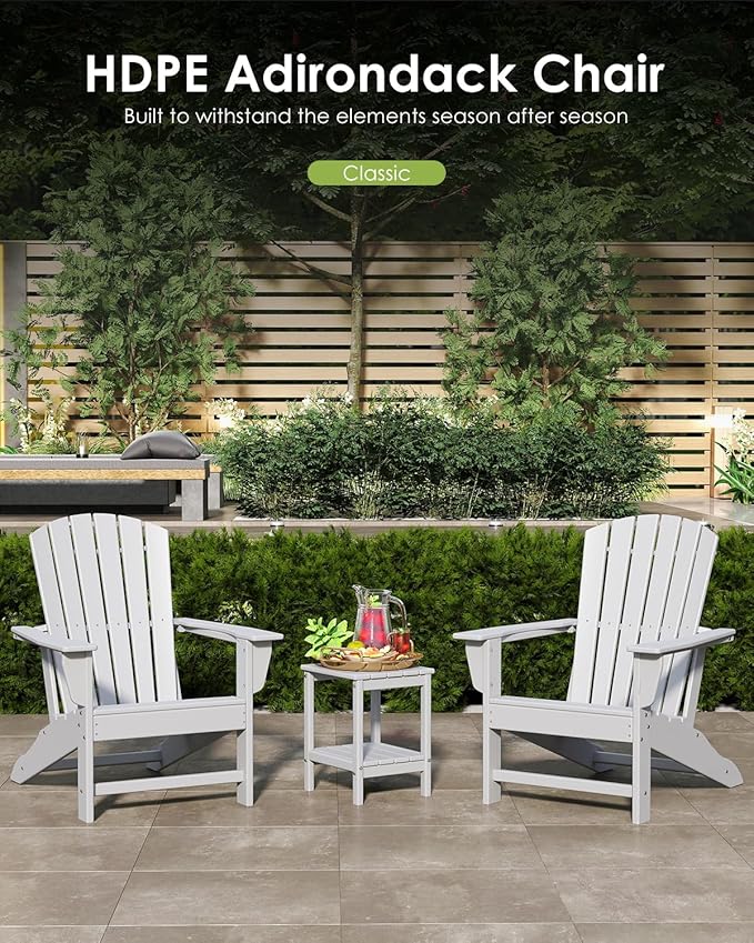 GREENVINES Adirondack Chairs Set of 2 | HDPE Plastic | Oversized Fire Pit Chair | All Weather | White | Poly Lumber | for Outdoor Deck Backyard Patio Garden