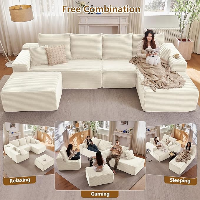 Lakifun 135" U-Shape Cloud Couch, Modern Modular Sectional Comfy L-Shape Sofa with Ottoman, Deep Seat, Upholstered Corduroy Sleeper Chaise Longue for Living Room Bedroom, No Assembly Required, White