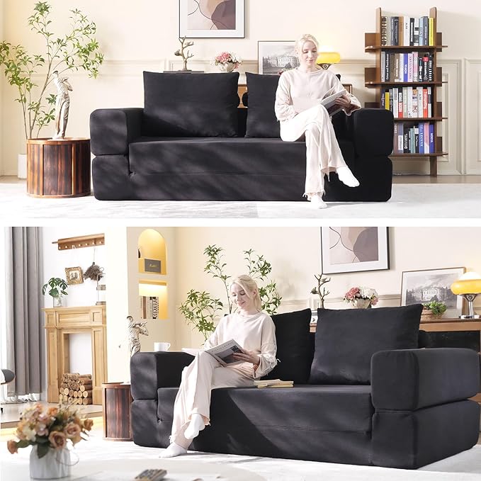 79'' Convertible Sleeper Sofa Bed, 3-in-1 Foldable Floor Couch with Corduroy Upholstery, No Assembly Loveseat, Light Brown Lounge Mattress for Living Room, Studio, Guest Room