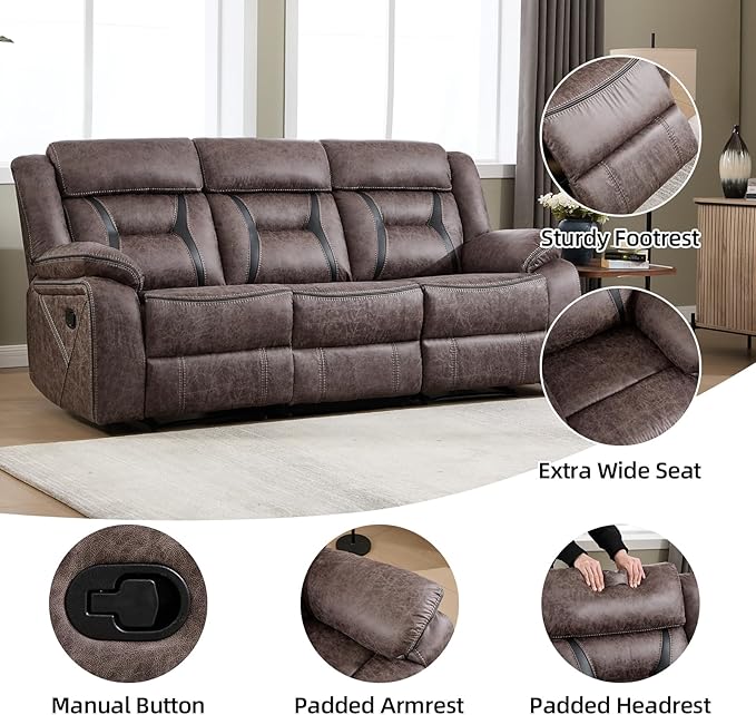 EBELLO Faux Leather Recliner Sofa Furniture Set for Living Room, 2 Recliner Chairs, 3 Seat Reclining Sofa Couch Set for Meeting Room, Grey