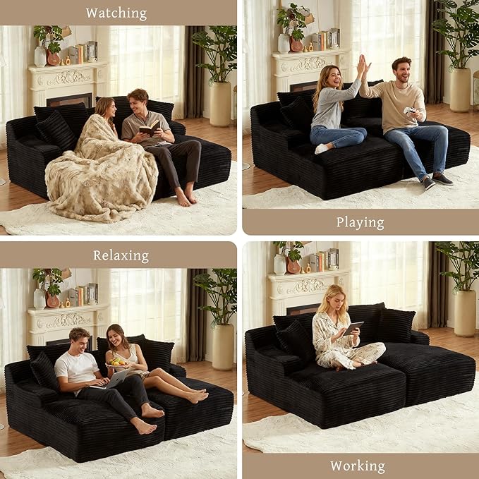 VEPXXP 80" Double Chaise Lounge Chair Indoor, Oversized Boneless Couch Comfy Upholstered Sleeper Sofa Bed with 4 Pillows, Corduroy Cloud Loveseat Chair for Living Room No Assembly Required, Black