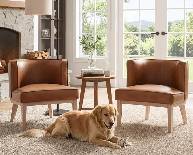 Comfy Barrel Chair Mid-Century Modern Accent Chair with Solid Wood Leg Upholstered Reading Arm Chair Faux Leather Waiting Room Round Side Chairs for Small Spaces Living Room Bedroom Office, Brown