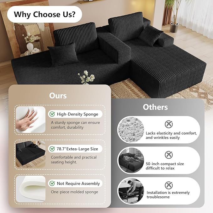 Oversized 80" Double Chaise Lounge Chair Futon Sofa Bed Boneless Cloud Couch Sleeper Sofa, Flannel Upholstered Floor Sofa Modular Sectional Loveseat with 2 Throw Pillow & Backrest Pillow, Black
