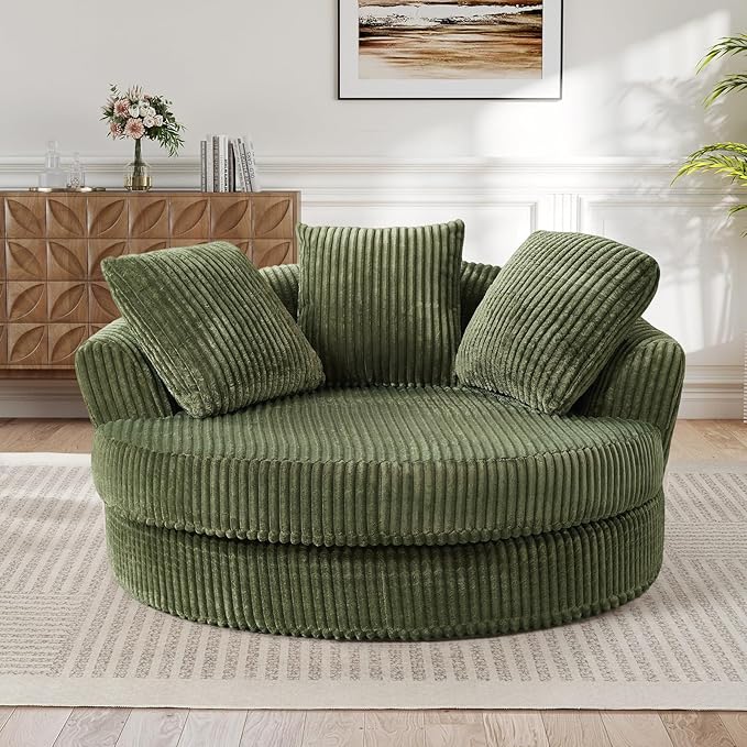 61"W Oversized Round Chaise Lounge Chair Indoor, Upholstered Corduroy Large Circle Boneless Chair with Deep Seat, No Assembly Required, Modern Comfy Cloud Sofa Chairs for Living Room, Bedroom(Green)