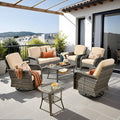 7-Piece Wicker Patio Furniture Set, All-Weather Rattan Conversation Bistro Loveseat Chair and Patio Rockers Set for Backyard, Balcony and Deck with Soft Cushions and Metal Table(Beige)
