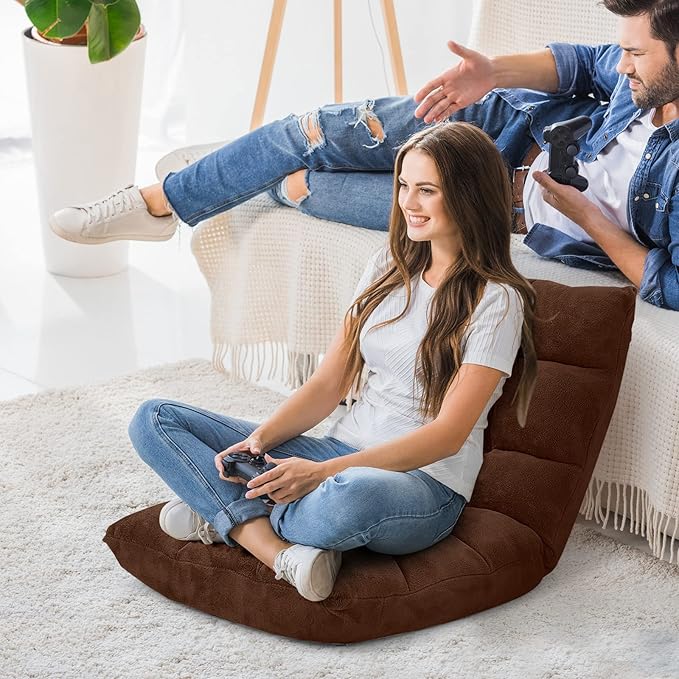 Floor Chair with Back Support, Foldling Gaming Sofa Chair with Comfy Cushion, Adjustable 14-Position Meditation Chairs, Lazy Lounge Recliner Reading Seat for Adults, Kids (Brown)