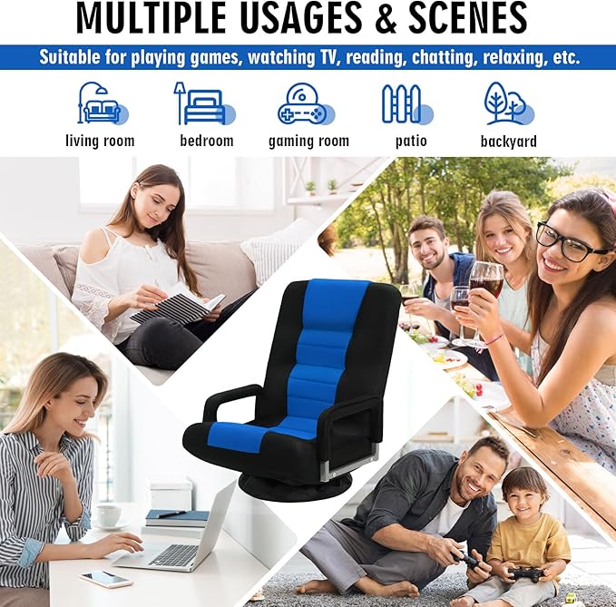 Swivel Floor Gaming Chair w/Armrests, Folding Video Reclining Sofa w/6 Adjustable Position, Padded Backrest & Cushion, Lazy Lounger Couch for E-Sports, Reading, Relaxing, Watching TV, Blue