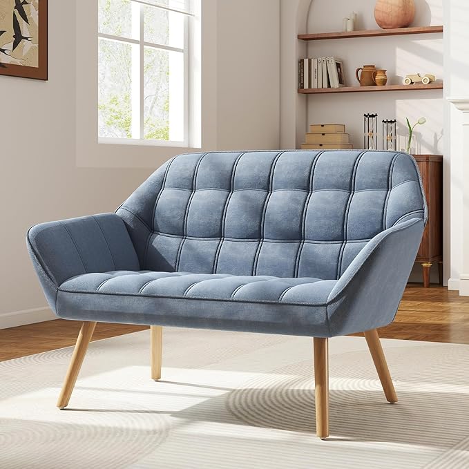48" Small Couches for Living Room for Small Space, Mid Century Modern Loveseat with Wood Legs 2-Seat Chenille Upholstered Sofa Tufted Couches, Blue