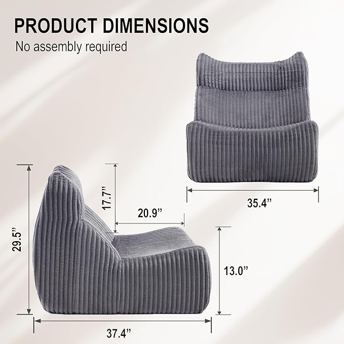 Bean Bag Chairs, Giant Bean Bag Chair for Adults, Memory Foam Lounge Chair, Comfy Lazy Floor Chair, Bean Bag Sofa for Living Room, Bedroom and Office, Single Bean Bag (Grey)