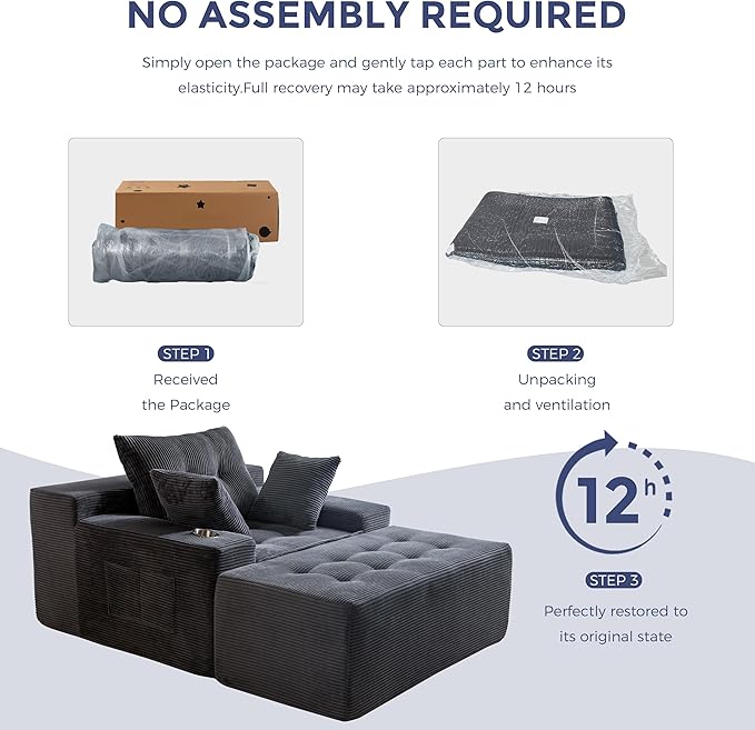 MAXYOYO Oversized Chaise Lounge Sofa, Upholstered Lounge Chair with Tufted Craft, Boneless Sofa Couch with Ottoman, Deep Seat Sleeper Chair, No Assembly, Grey