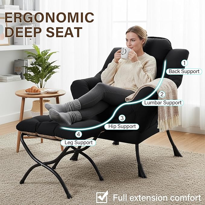 Welnow Lazy Chair with Ottoman, Modern Lounge Accent Chair with Armrests and a Side Pocket, Leisure Sofa Armchair Set, Reading Armchair with Footrest for Small Space, Black