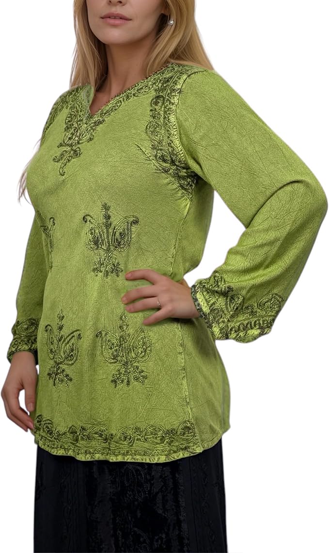 Agan Traders 2025 Winter Long Sleeve Diamond Neck Embroidered Tops - Medieval Boho Vintage Tunic Kurta Blouses for Women