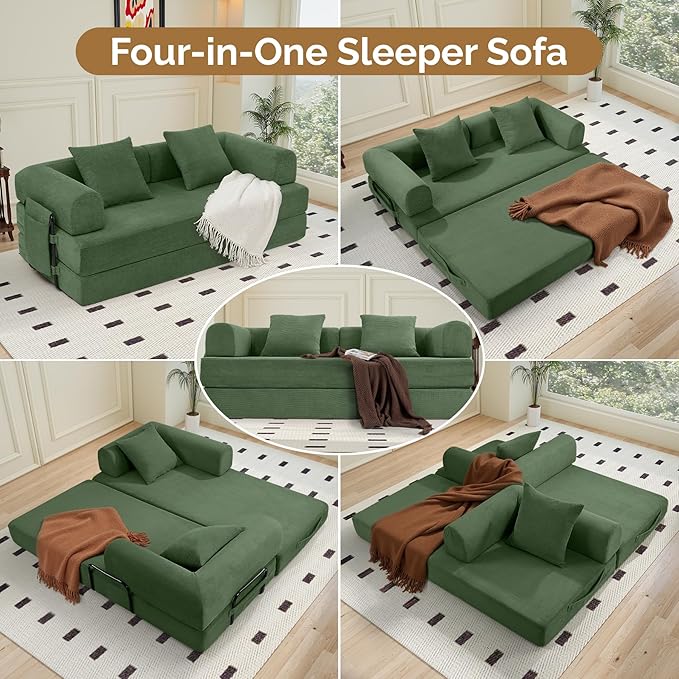 Convertible Corduroy Sleeper Sofa Bed with Cylindrical Pillows,Convertible Mattress Sofa with Fixed Shape Frame, Living Room Bedroom Lounge Studio Use Floor Sofa Lounge,Green