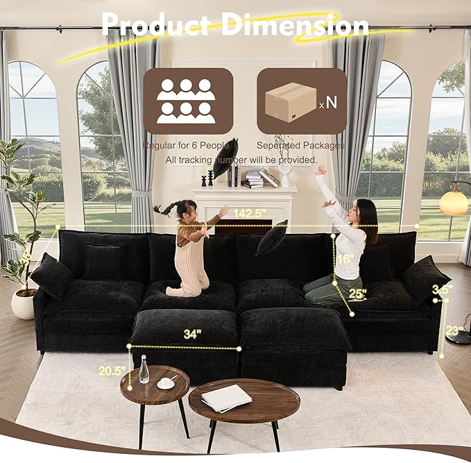 GOSUHI 142.5" U Shaped Couch, Modular Sectional Sofa, 3-Seater Comfy Cloud Couch with Movable Ottoman, Deep Seat Couches for Living Room, Chenille, Black