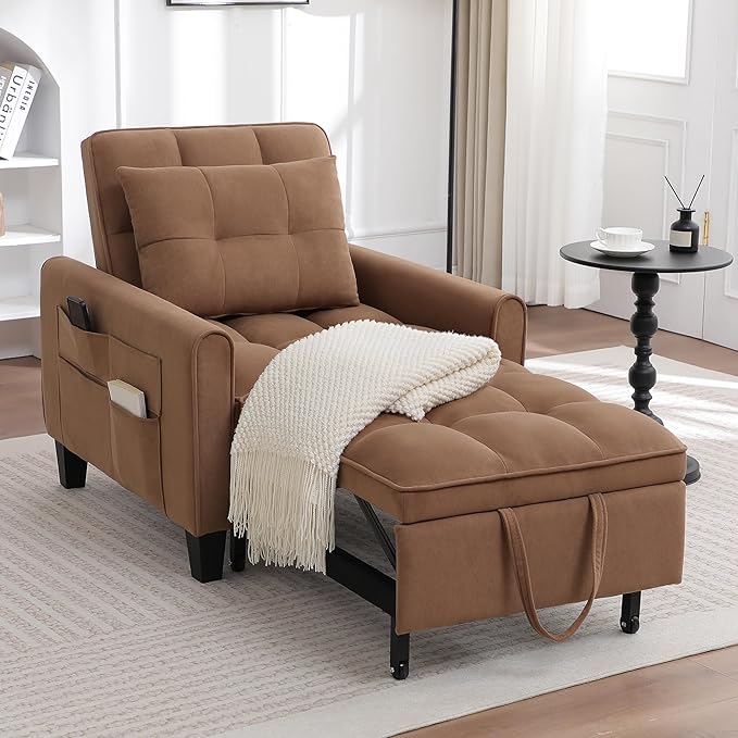 choairy Convertible Sleeper Chair, 3 in 1 Sleeper Chair Bed Pull Out Sofa Bed Chairs, Single Sofa Beds with Adjustable Backrest for Adults Reading Living Room, Bedroom, Velvet Brown
