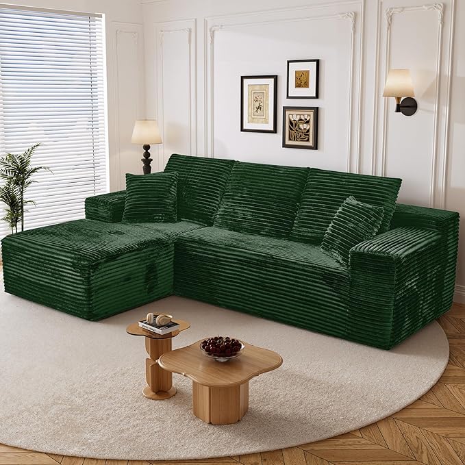 108" Boneless Cloud Sectional Couches for Living Room, Comfy Fluffy L Shaped Memory Foam Deep Seat Boneless Couch, Modular Sectional Sofa with Left Facing Chaise, Green