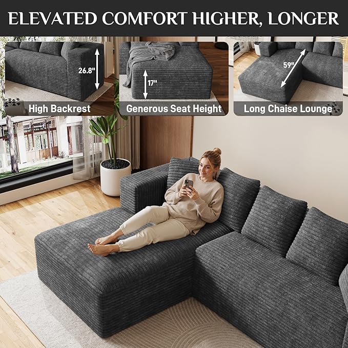 Modular Sectional Sofa, 107" L Shaped Cloud Couch Plush Corduroy Deep Seat Boneless Sofas with 5 Pillows Long Chaise Lounge Couches Memory Foam for Living Room - Dark Grey, Left Facing Chaise