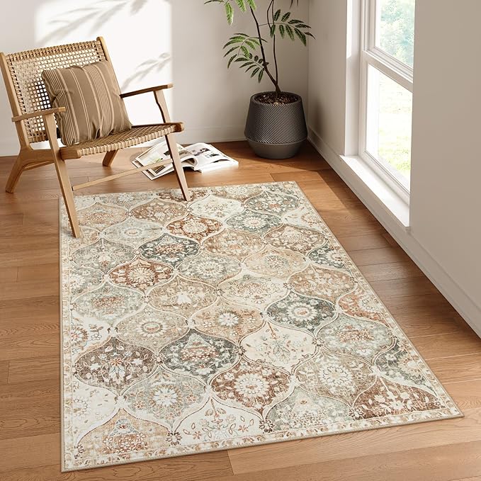 Lahome Moroccan Trellis Washable Small Area Rug, 3x5 Black Rug for Bedroom Living Room, Non-Slip Oriental Accent Throw Carpet for Kitchen Office Entryway Bathroom Office, Khaki