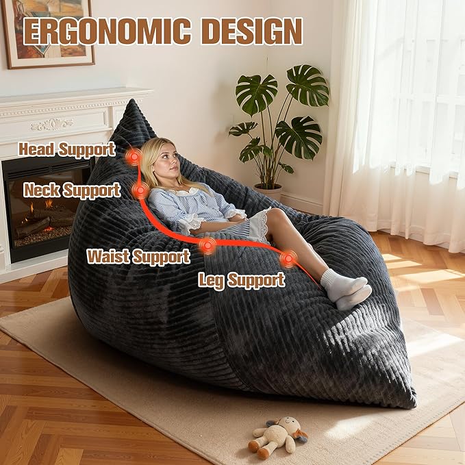nalone 4-in-1 Giant Bean Bag Chair for Adults, 6.4 FT Memory Foam Filled Beanbag Chair, Floor Sofa Bed with Fluffy Washable Flannel Cover, Lounge Couch for Bedroom, Living Room (Grey)