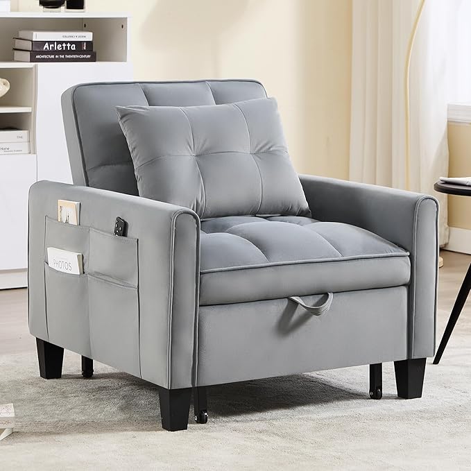 choairy Convertible Sleeper Chair, 3 in 1 Sleeper Chair Bed Pull Out Sofa Bed Chairs, Velvet Single Sofa Beds with Adjustable Backrest for Adults Reading Living Room, Bedroom, Dark Grey