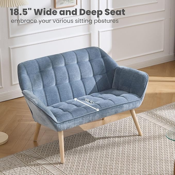 48" Small Couches for Living Room for Small Space, Mid Century Modern Loveseat with Wood Legs 2-Seat Chenille Upholstered Sofa Tufted Couches, Blue