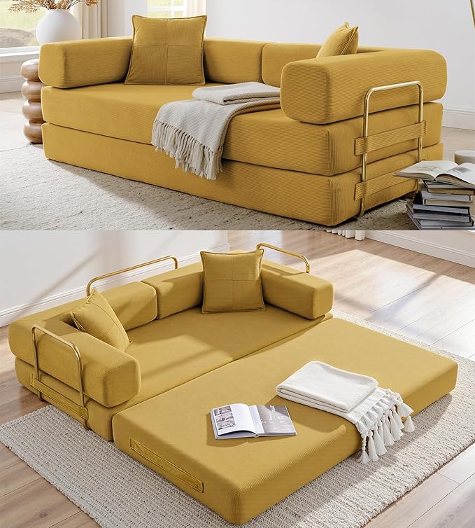 78" Convertible Sleeper Sofa Bed, Corduroy Folding Sofa Bed with Fixed-Shape Frame, Fold Out Floor Mattress Couch, Lazy Compression Sofas for Living Room, Bedroom, No Assembly Required, Yellow