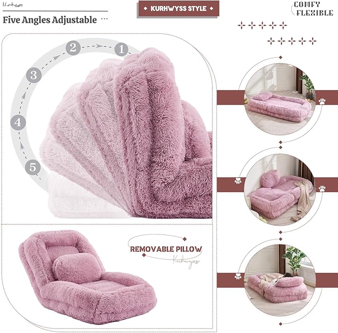 Upholstered Human Dog Bed for Adult & Pets, Convertible Lazy Sofa Bed with 5 Adjustable Position, Comfy Tatami Bean Bag Lounge Chair with 2 Soft Pillows for Bedroom Living Room (Pink Fluffy)