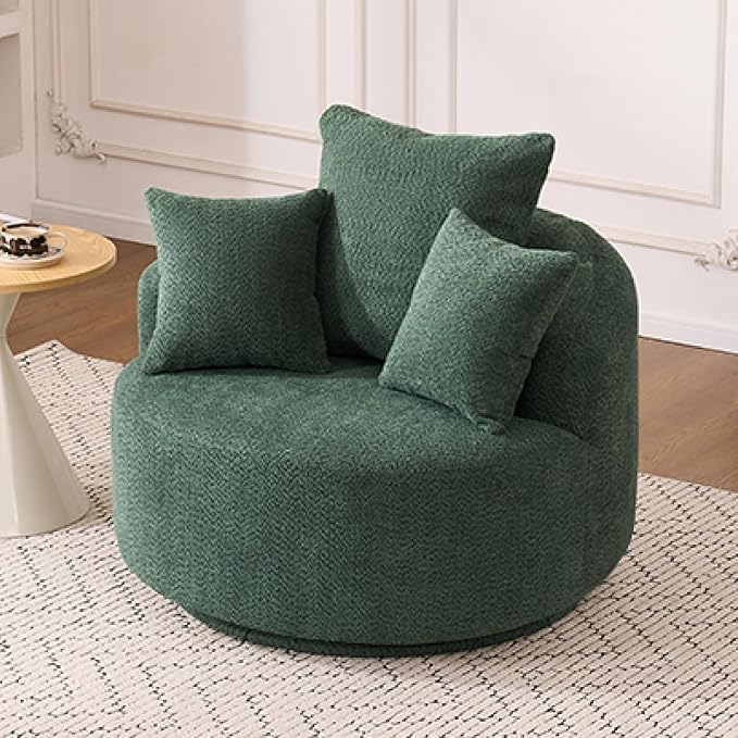 Yoglad 38.58'' Swivel Round Chair, Comfy Boucle 360° Accent Chair with Thick Cushion, Oversized Modern Single Sofa with 3 Pillows, Soft Armchair for Nursery, Living Room, Bedroom, Office (Green)