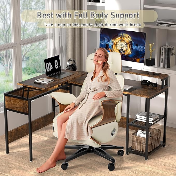 Genuine Leather Office Chair with Electric Reclining, Footrest, Lifting and Massage Function, 350lbs Capacity Ergonomic Executive Chair with Alu Base and 360° Wheels for Home Living Room