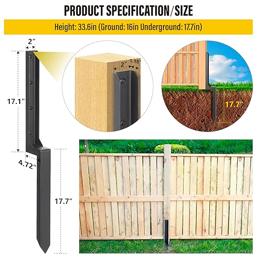 Epcee Heavy Duty Steel Repair Stakes, Anchor Ground Spike, for Repair Tilted/Broken Wood Fence Post (2 Pack/Black）