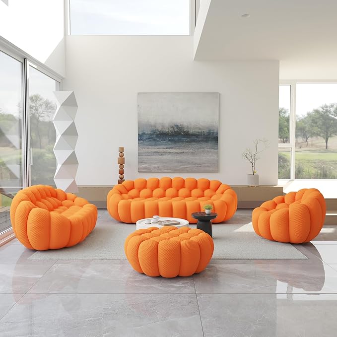 JACH Bubble Sofa Curved Couch Set, Comfy Upholstered Sofa, Mesh Fabric 3D Honeycomb Shape Modern Couches for Living Room, Apartment (Orange, 1 Seater, 2 Seater, 3 Seater, Ottoman)