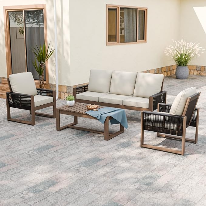 INTER HUT Rustic Hideaway Natural Cedar Wood Outdoor Furniture Set, Wicker Patio Conversation Set for Porch Garden Backyard, Couch, 2 Patio Chairs and Coffee Table, 4 Piece, Brownish/Beige